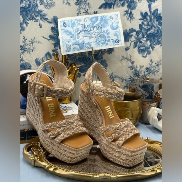 🆕 GIANNI BINI 🧿 NWOB Santi Woven Beaded Wedge Sandal - Neutral Woven Sz US 7.5 - Picture 2 of 14